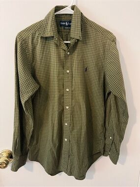 Ralph Lauren Men’s Classic Fit Button Down Dress Shirt Green Checkered Plaid S